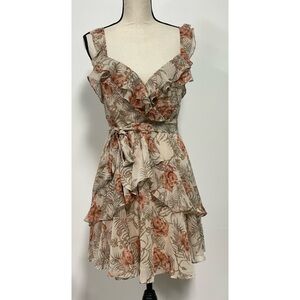 Windsor V-Neck Backless Tank Top Mini Dress Tan Pink Floral Juniors Size L